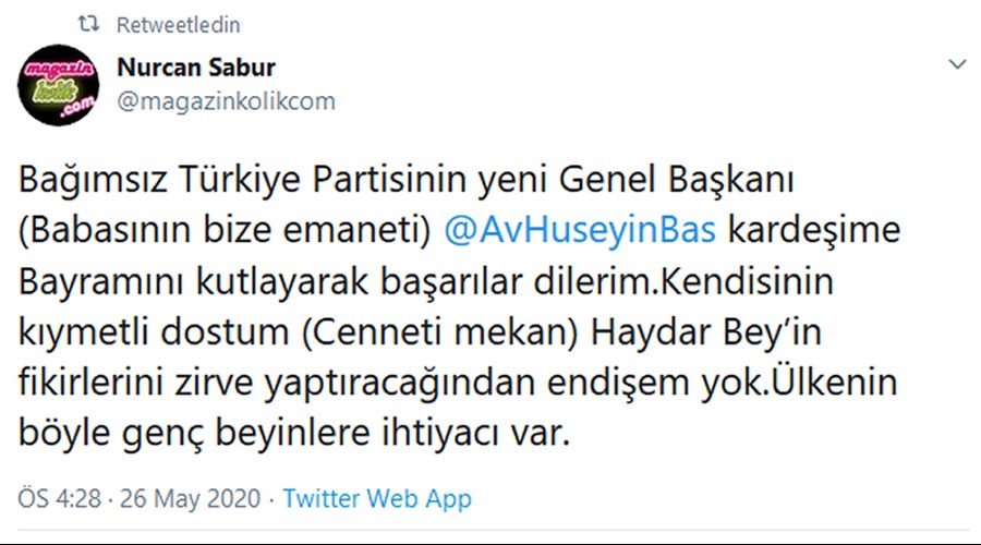 Ünlü Magazinciden Hüseyin Baş’a destek